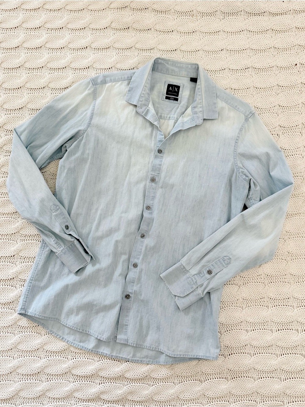 Armani Exchange Light Blue Denim-Style Long-Sleeve Shirt